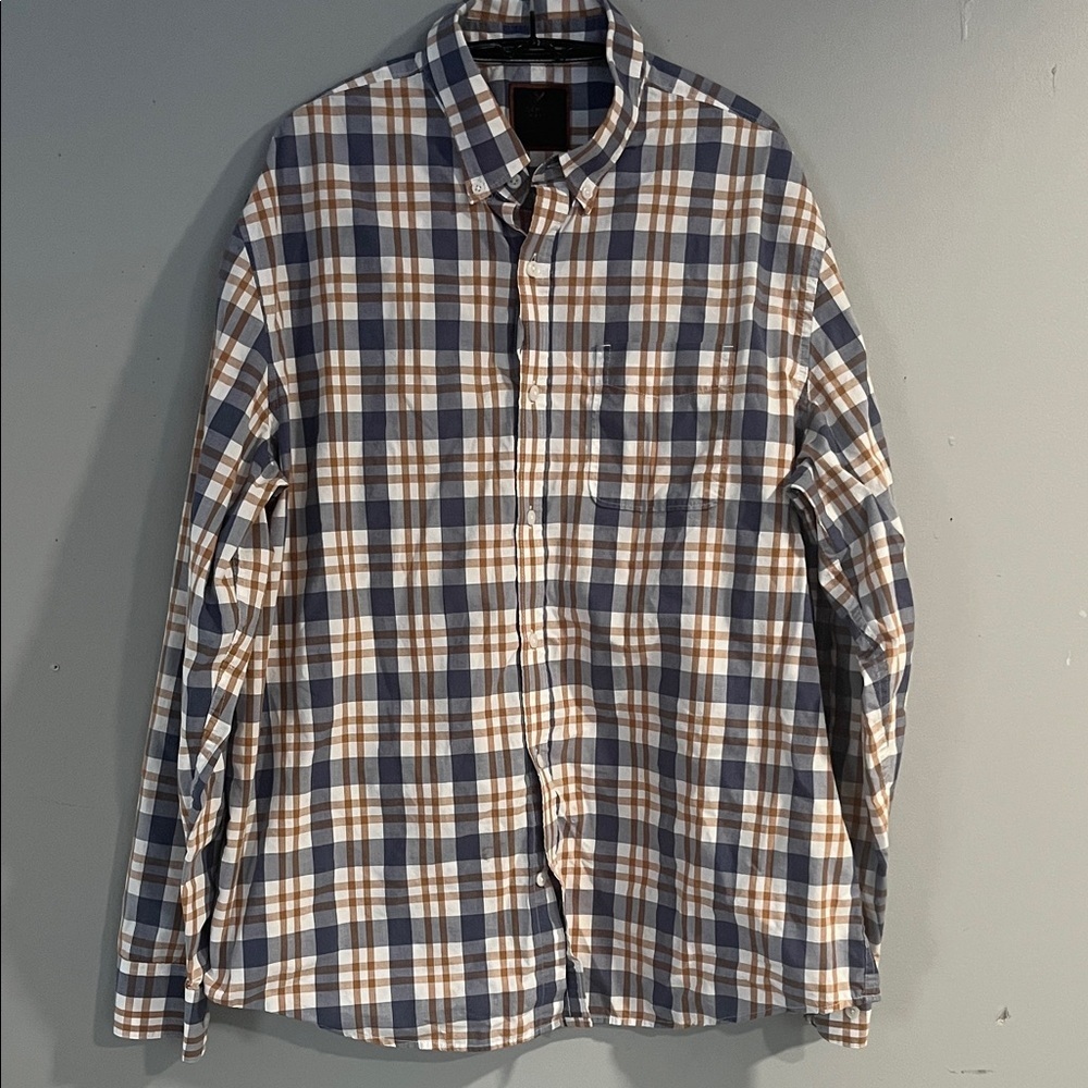 Denver Hayes Blue and Brown Plaid Casual Shirt Large